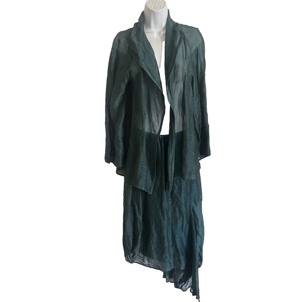 Vintage Designer ZONDA NELLIS Green Duster & Skirt SET  S/M  Linen-Silk Blend